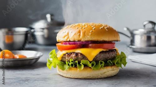 Delicious cheeseburger with fresh toppings and warm bun prepared in a modern kitchen setting