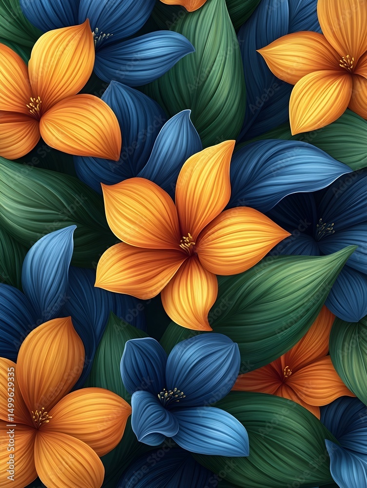 custom made wallpaper toronto digitalLush digital painting of vibrant orange and deep blue flowers nestled amongst rich green leaves, creating a dense, floral composition