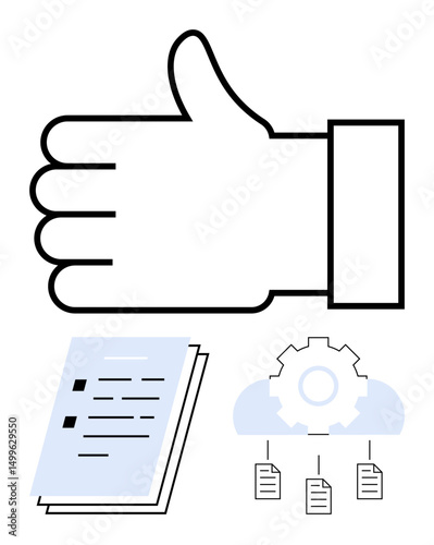 Thumbs-up gesture symbolizing approval above documents, gear icon, and cloud with linked files. Ideal for workflow, file management, collaboration, cloud storage, productivity, approval process