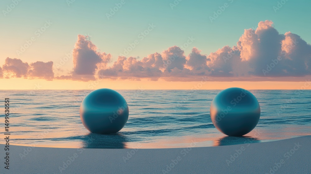 Obraz premium Two metallic spheres rest on a tranquil beach at sunset, reflecting the serene sky and calm ocean waves