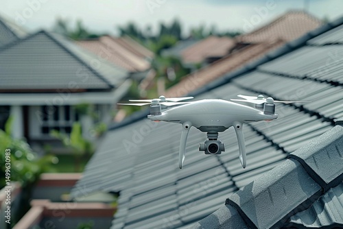Aerial drone hovering above a tiled roof, capturing surveillance footage or inspection of a suburban neighborhood on a cloudy day