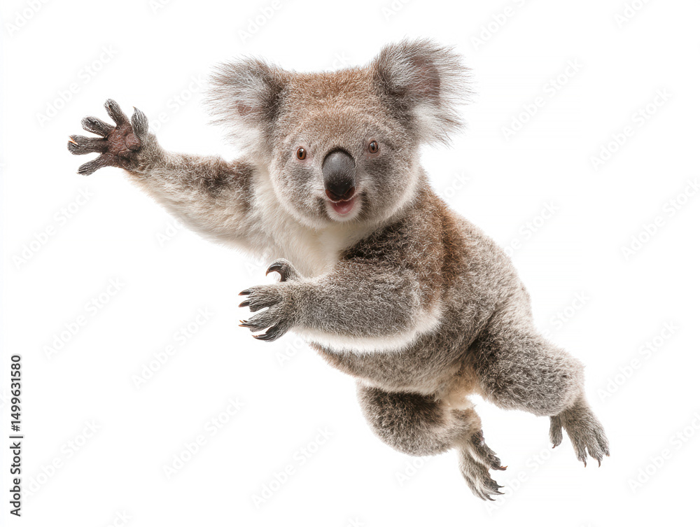 Fototapeta premium A mid-air koala in motion, contrasting dark fur against lighter tones, with bright eyes and a central focus against a white background - AI-Generated