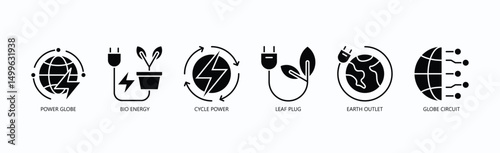 Green Circuit Icon Set Isolated Vector With Icon Of Power Globe, Bio Energy, Cycle Power, Leaf Plug, Earth Outlet, Globe Circuit In Glyph Style
