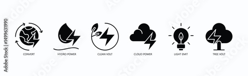 Eco Current Icon Set Isolated Vector With Icon Of Convert, Hydro Power, Clean Volt, Cloud Power, Light Emit, Tree Volt In Glyph Style