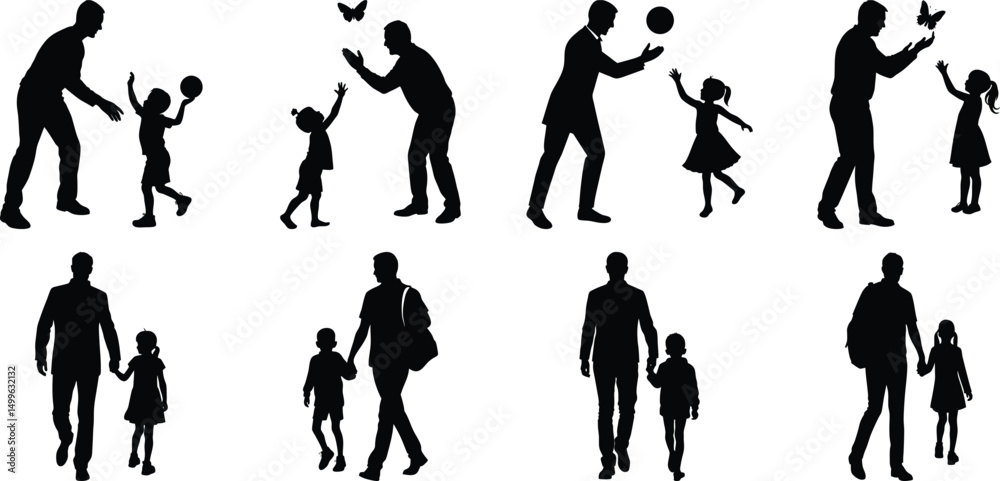Naklejka premium Father's Day Illustration silhouette dad son daughter vector