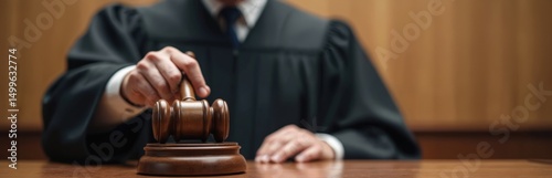 Judge with gavel executes verdict in courtroom. Focus on justice, legal responsibility. Themes of law, order, judgement, guilt, accusation, defense process and judicial duty. photo