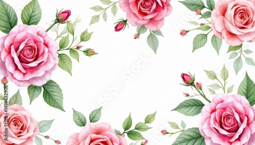 Delicate watercolor roses & leaves, repeat pattern, elegant, bud