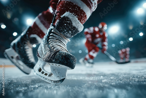 Two hockey players in action on an indoor ice rink, one moving quickly with clapping skates and the other holding a stick. The scene is covered in white ice shavings, - AI-Generated