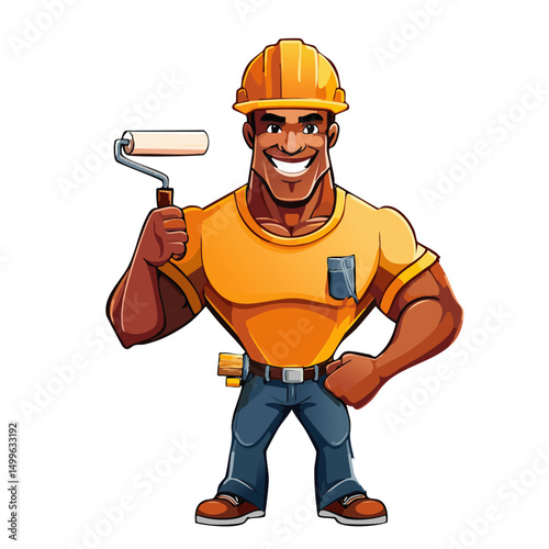black cartoon painter decorator man holding a paint roller, posing and showing his muscles vector icon graphic design