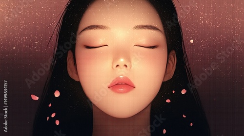 Serene woman with cherry blossom, and art.
