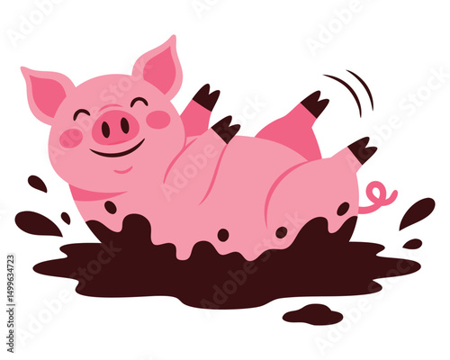 Happy Cartoon Pig Rolling Playfully in Brown Mud Puddle Surrounded by Splashes and Joyful Vibes