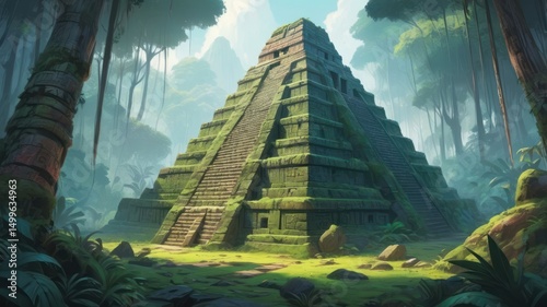 Lush jungle setting, ancient pyramid