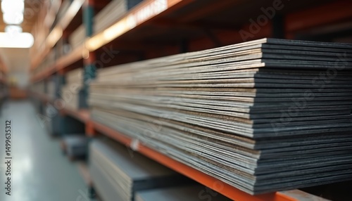 Metal flat bars stacked on storage shelves in building materials supply store. Steel construction elements, industrial building, metal work, structural materials.