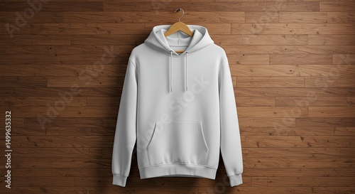 Hooded Sweatshirt Mockup on Wooden Surface: A blank white hooded sweatshirt hangs elegantly against a rich, textured wooden backdrop.