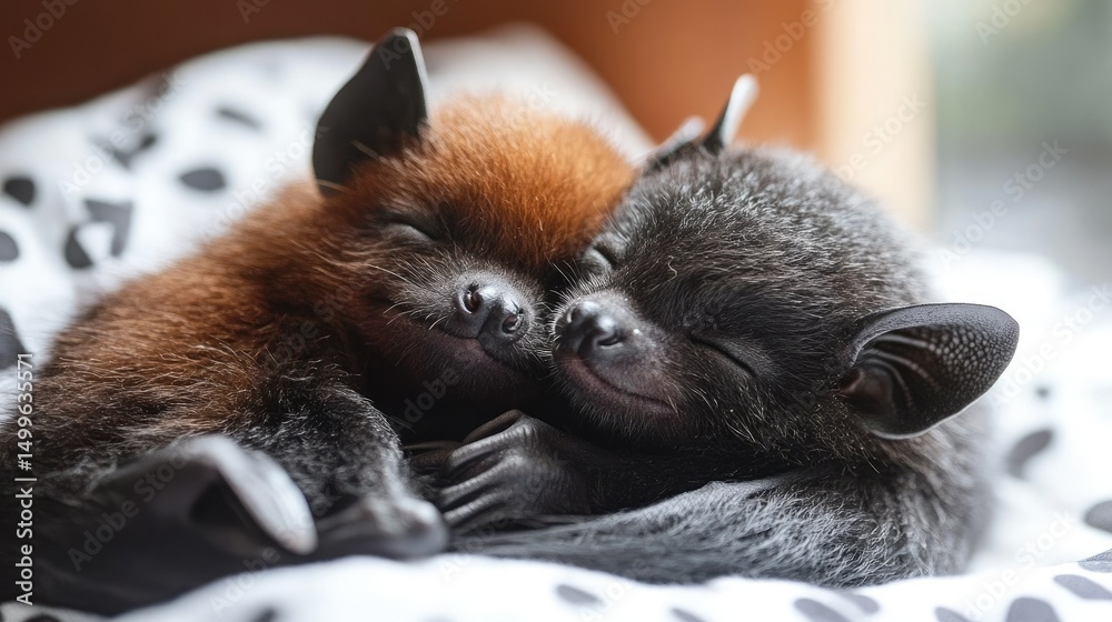 Obraz premium Two small bats cuddling together