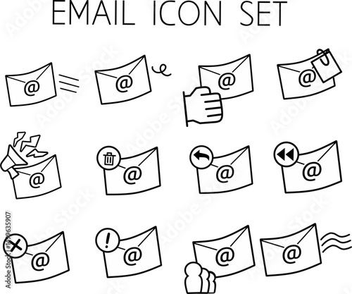 Unique email icon set with envelopes, notifications, and mail vector symbols. Ideal for communication, messaging apps, websites, and graphic designs. 