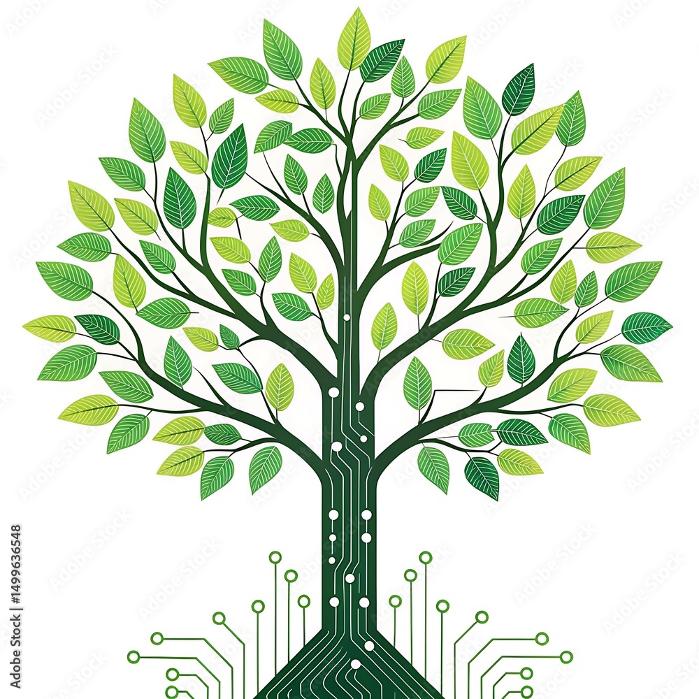 Obraz premium Digital illustration of a vibrant tree with circuit board roots and branches, conceptually blending environmental nature with advanced technology, symbolizing sustainable tech and green innovation