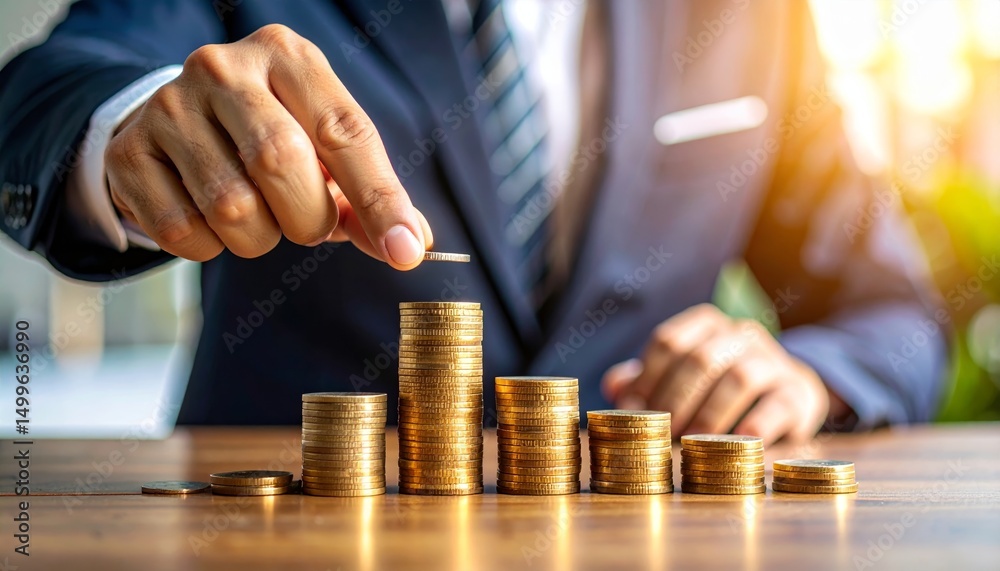 Close-up Of Businessman Hand Put Coins To Stack Of Coins Close-up Of Businessman Hand Put Coins To Stack Of Coins