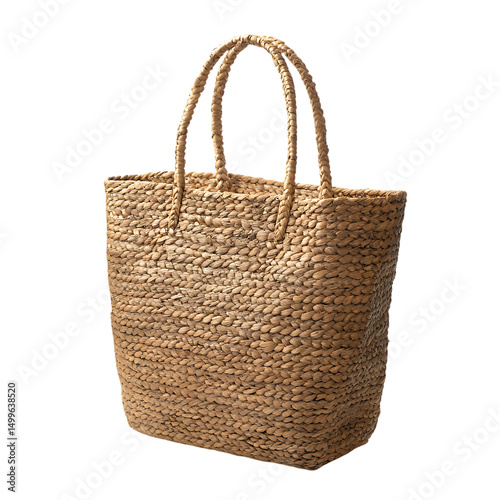 Rustic Straw Tote Bag with Naturally Textured Weave Isolated on Transparent Background