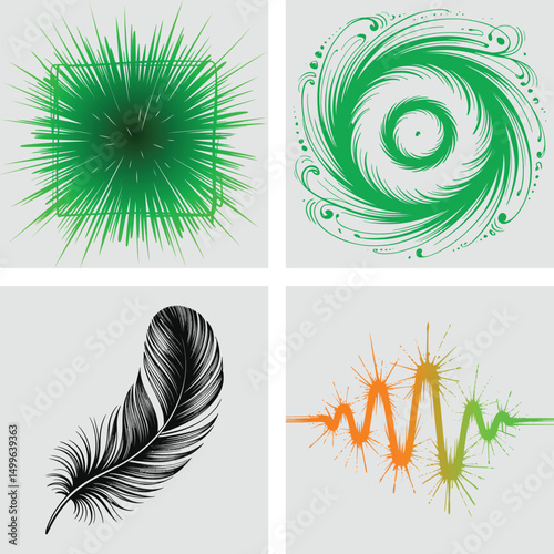A vector set of green leaves and bird feathers, featuring illustrations of nature-inspired elements like wings, quills, and symbols in a decorative, artistic design