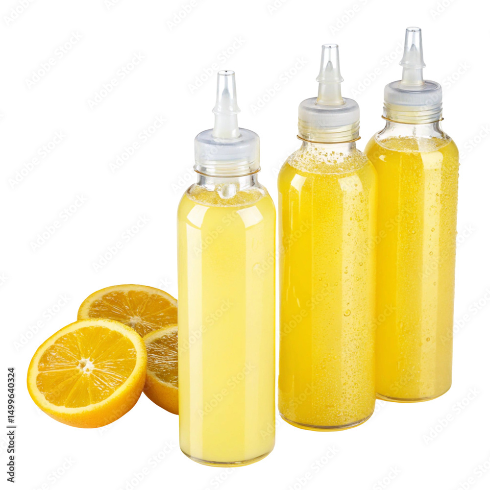 Fresh yellow citrus drink in a glass bottle and jar, isolated on white Fresh yellow citrus drink in a glass bottle and jar, isolated on white