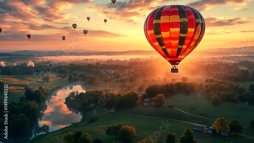 Colorful hot air balloons soaring over a serene landscape at sunrise, reflecting on a river