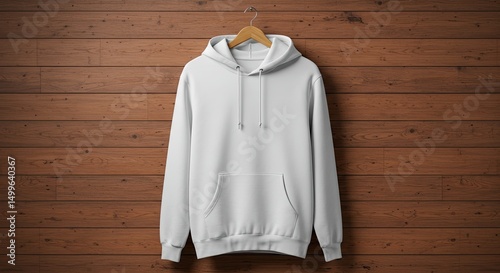White Hoodie Mockup: A minimalist shot of a blank white hoodie hanging on a wooden hanger, set against a rich, dark wood background. The soft, textured material drapes naturally.