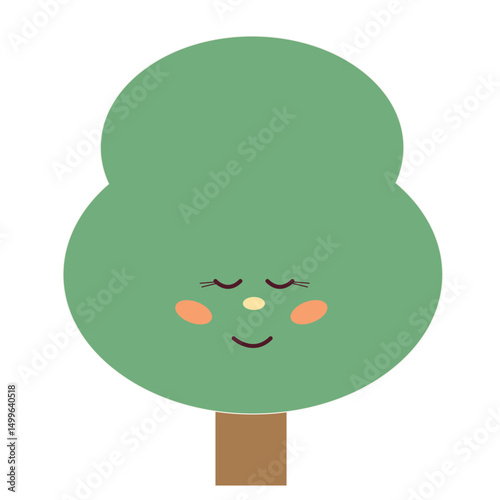 Cute Green Tree Character Symbol Icon. Lovely Cartoon Kawaii Garden or Forest Park Smiling Face Plant Mascot. Baby Nursery Natural Print Design. Clothing Sticker. Birthday Party Greeting Card Element.