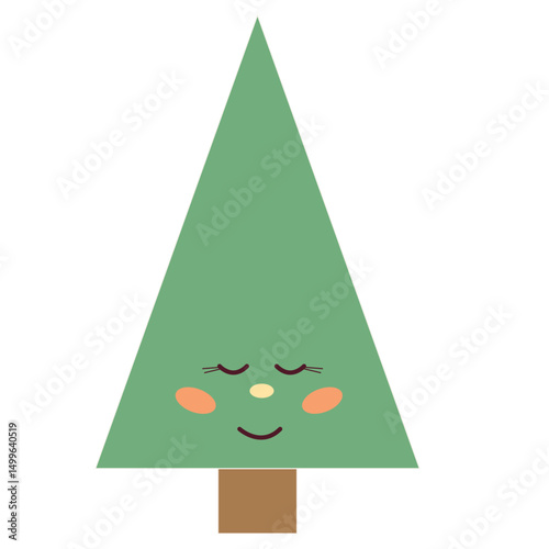 Cute Green Tree Character Symbol Icon. Lovely Cartoon Kawaii Garden or Forest Park Smiling Face Plant Mascot. Baby Nursery Natural Print Design. Clothing Sticker. Birthday Party Greeting Card Element.
