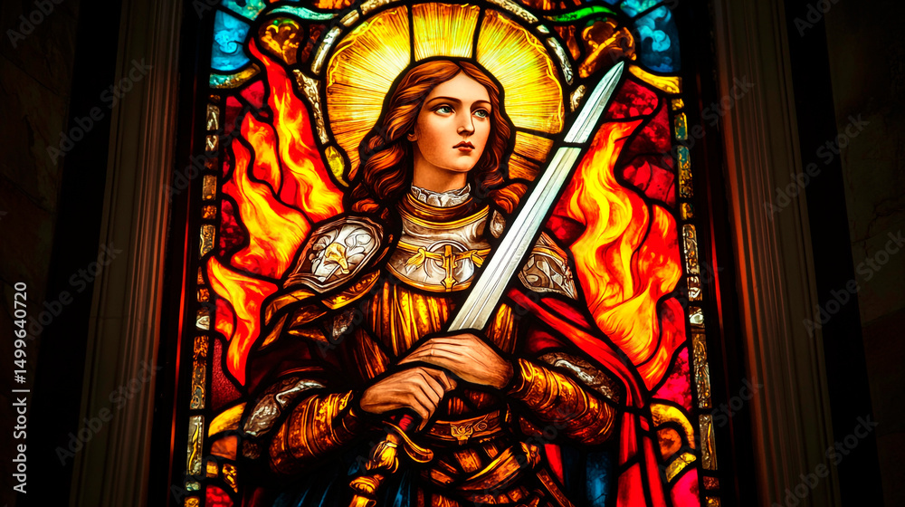 Fototapeta premium Stained glass window depicting joan of arc with sword and flames in a church setting view