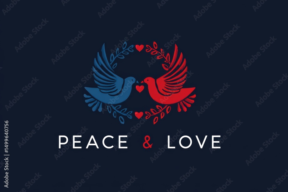 Obraz premium Vintage logo design with 'PEACE & LOVE' typography, embracing birds and heart surrounded by flowers in retro style, deep blue harmony.