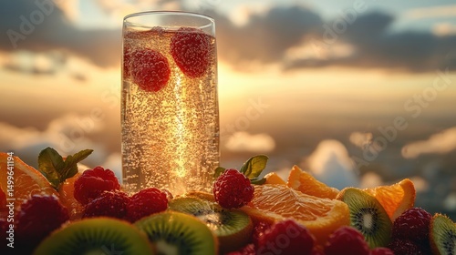 Sparkling drink with fresh fruit at sunset.  A refreshing beverage with raspberries, kiwi, and oranges, sipped against the backdrop of a golden sunset photo