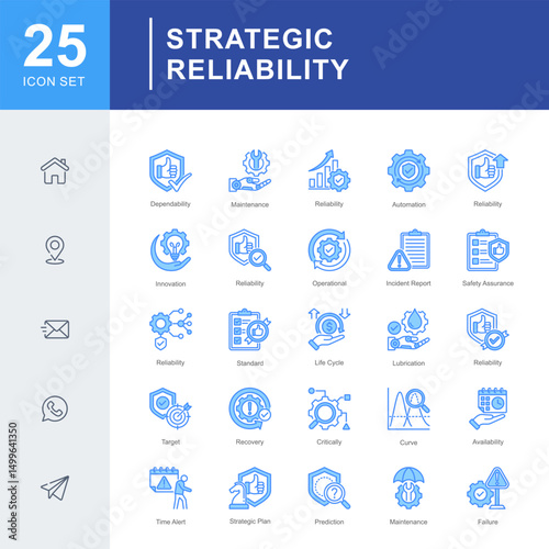 Strategic Reliability icon set for reliability management covering maintenance, dependability, failure prevention, and strategic planning in industrial and operational systems.