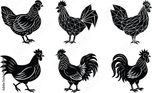 Silhouette of Rooster and chicken hen vector icon set illustration on white background. Chicken Logo icon set design concept. good for rooster restaurant and chicken farm. vector illustration

