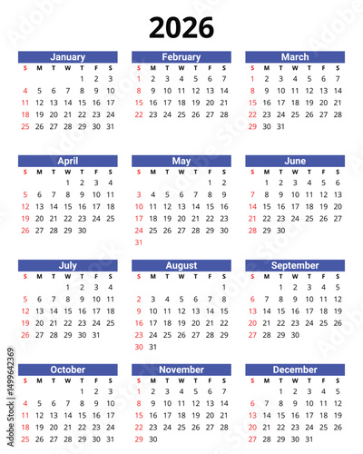 2026 year english vector calendar 12 months week start sunday