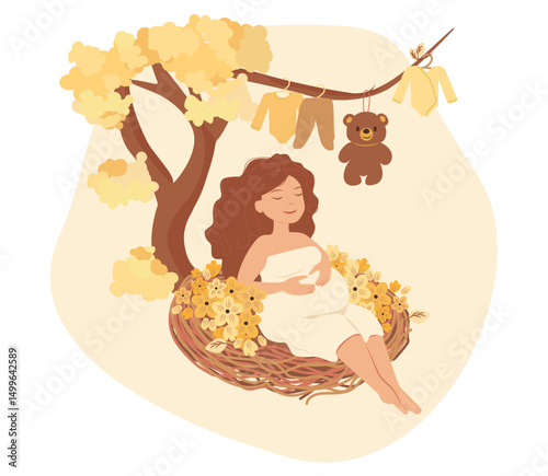 Welcome to the baby shower. A pregnant woman sits peacefully in a large bird's nest decorated with yellow flowers, the nest placed on a tree branch. She is wearing a light dress.