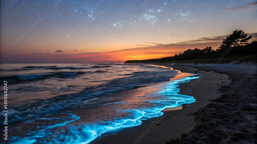 Fototapeta premium Bioluminescent Waves Lapping Sandy Shoreline Under Night Sky at Sunset