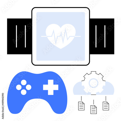Smartwatch with heartbeat icon, blue game controller, cloud with gear, and documents. Ideal for tech, gaming, health monitoring, cloud sharing apps innovation and digital integration. Flat simple