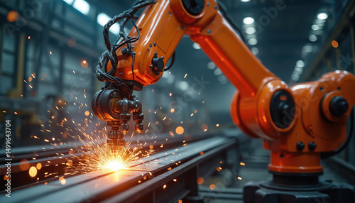 Orange robotic arm welding metal parts in modern industrial factory. Sparks flying during automated manufacturing process. Robotics automation, Industry 4. 0 tech in production, future of industrial