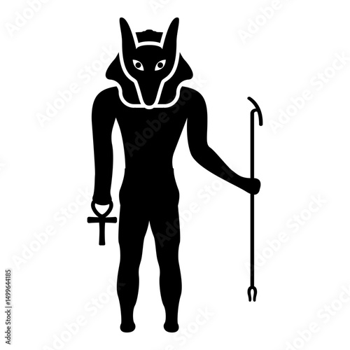 Anubis deity with jackal head ancient Egyptian god holds staff and anch cross silhouette mythical icon black color vector illustration image flat style