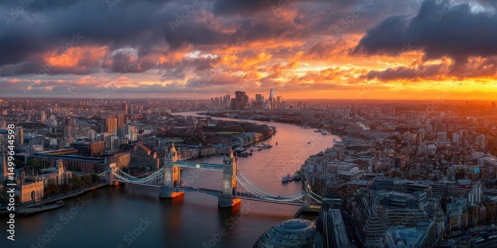 Fototapeta premium Dramatic London Skyline at Sunset with Tower Bridge and Thames River Panorama