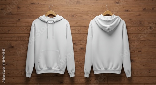 White Hoodie Mockup: Two views of a plain white hoodie hanging on wooden hangers against a rich, dark wood background, perfect for showcasing your design or branding.