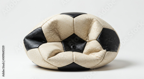 Deflated Soccer Ball: A close-up shot of a deflated and worn-out soccer ball, its once-smooth surface now crumpled and showing signs of wear and tear.