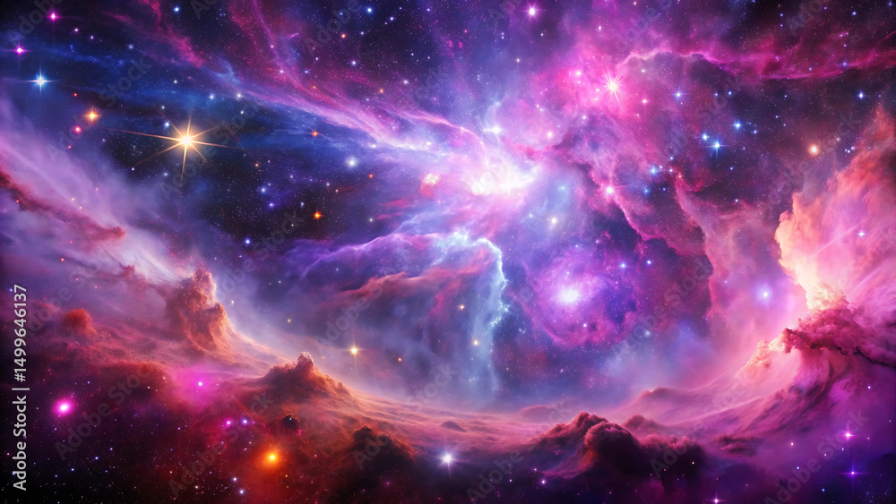 Fototapeta premium Stunning Galaxy Nebula Space with Purple Pink Clouds and Glowing Stars Scenery