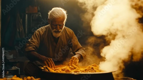 An old man is cooking food in a pot with steam coming out of it. The man is wearing a brown shirt and he is focused on his task. Concept of warmth and comfort