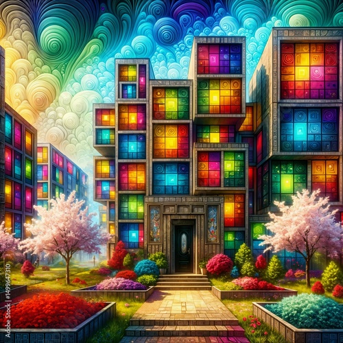 Vibrant, geometric buildings with colorful windows are surrounded by lush gardens and flowering trees, set under a swirling, patterned sky, evoking a fantastical urban landscape.  (Gen, A.I.)