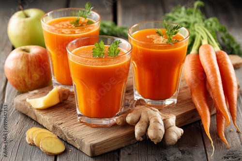 Freshly squeezed carrot, apple and ginger juice - immune support and energy boost photo