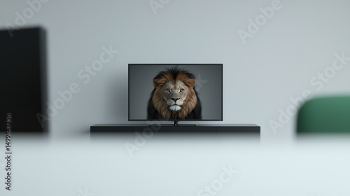 Lion on TV Screen with Modern Room.