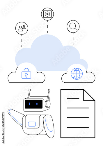 AI robot gestures near cloud with icons of security, email, users, web, and document. Ideal for automation, security, cloud storage AI connectivity data sharing technology trends. Flat simple