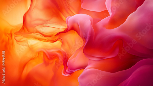A vibrant abstract design featuring smooth waves of pink and orange.